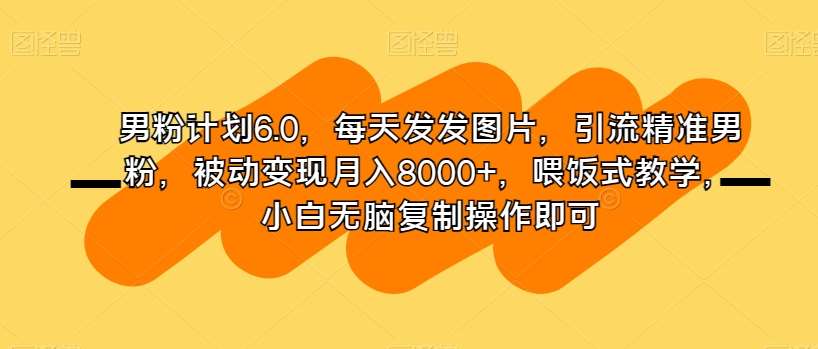 男粉计划6.0，每天发发图片，引流精准男粉，被动变现月入8000 ，喂饭式教学，小白无脑复制操作即可